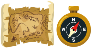 Compass and map to navigate in forest while trekking