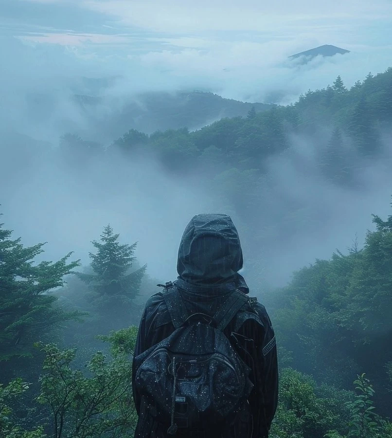 Solo trekker with backpack standing in a misty forest overlooking fog-covered hills during a rainy trekking adventure in South India