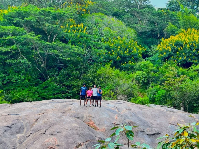 jalagamparai-waterfalls-trek-in-yelagiri-8km-trek-located-in-tirupattur-district-of-tamilnadu-scaled Trekkers standing on a rocky trail surrounded by lush forest during the Jalagambarai Trek in Yelagiri