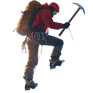 Mountaineer wearing a helmet, backpack, crampons, and harness while using an ice axe during an alpine climbing adventure