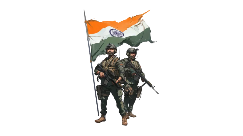 Indian defence personnel standing with the national flag, representing disciplined leadership and safety in outdoor adventure activities