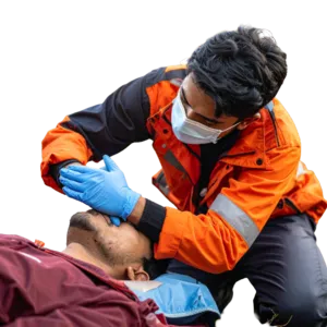 Medical responder wearing gloves and a face mask providing emergency first aid to an injured trekker during an outdoor adventure activity
