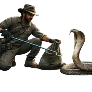 Snake handler using a snake hook and canvas bag to safely manage a hooded cobra during a wildlife rescue activity